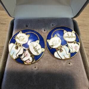 Vintage Cloisonne Enamel White Cats Stud Earrings Kitten Jewelry Gold Tone Kitty